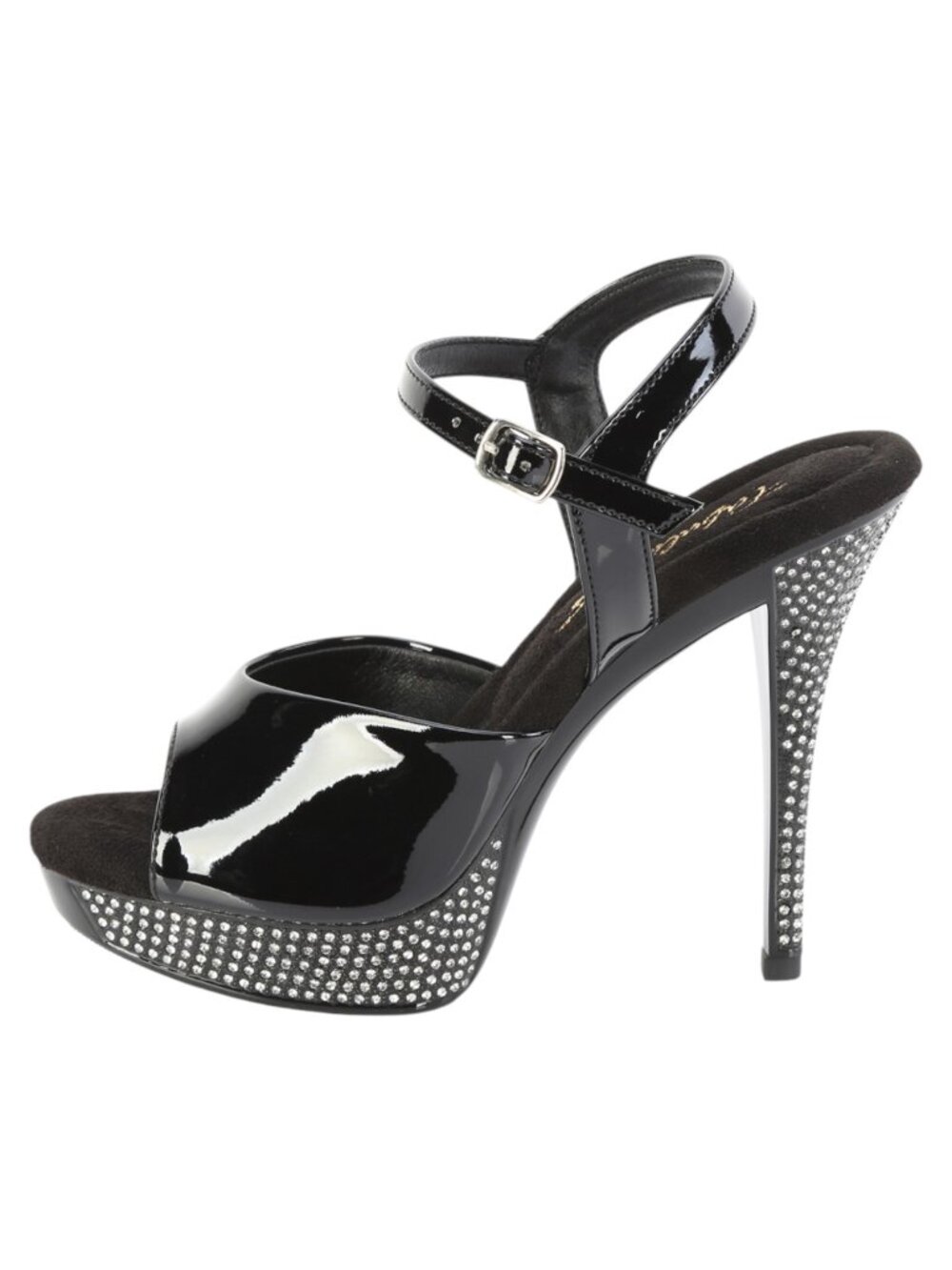 Black Patent Platform Ankle Strap Sandals Rhinestone Party Stiletto